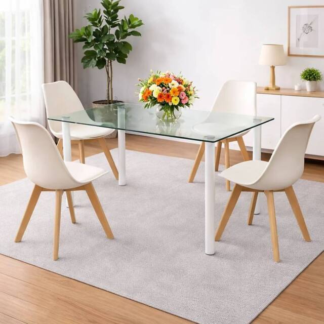 KOSY KOALA Modern Glass Dining Table Set With 4 Cream Plastic Chairs Furniture - image 1