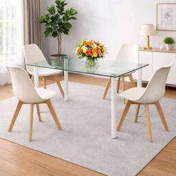 KOSY KOALA Modern Glass Dining Table Set With 4 Cream Plastic Chairs Furniture