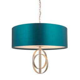 Loops Antique Silver Ceiling Pendant Light & Teal Satin Shade - 5 Bulb Hanging Fitting in Metallics