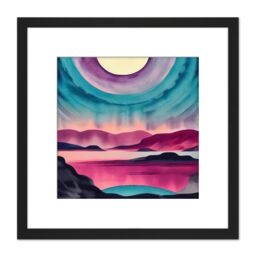 Artery8 Moonrise After Sunset Landscape In Pink Teal Blue & Purple Watercolour Illustration Square Wooden Framed Wall Art Print Picture 8X8 Inch - thumbnail 1