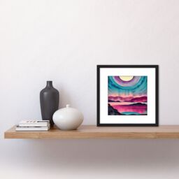 Artery8 Moonrise After Sunset Landscape In Pink Teal Blue & Purple Watercolour Illustration Square Wooden Framed Wall Art Print Picture 8X8 Inch - thumbnail 2