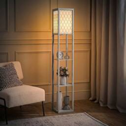 EONLION Modern Floor Lamp Light with Shelves Fabric Lampshade in Grey - thumbnail 1