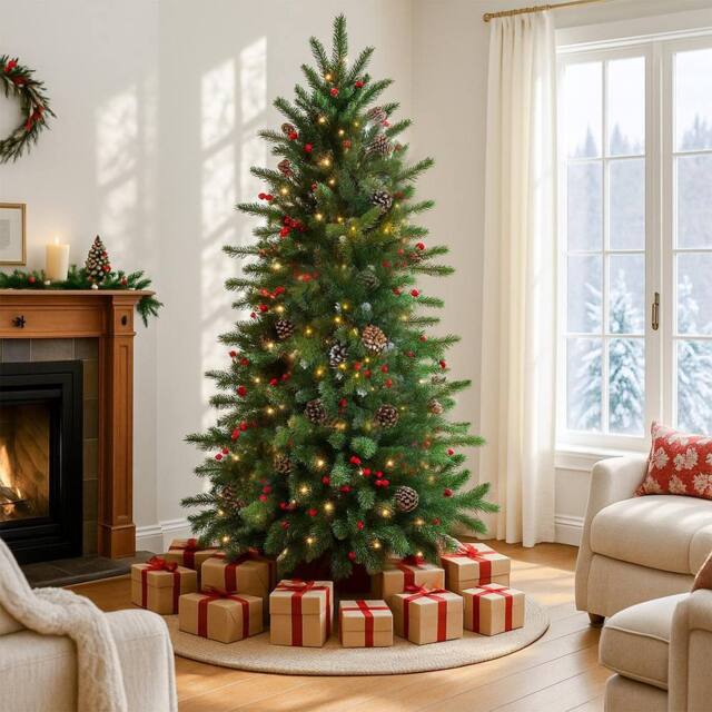 Home Republic Artificial Christmas Tree with Warm LED Lights, Red Berries in Emerald - Size: 60 cm x 80 cm - image 1