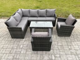 Fimous 8 Seater Outdoor Rattan Garden Furniture Set Corner Sofa Oblong Coffee Table Sets with Patio 2 Armchairs Dark Grey Mixed - thumbnail 2