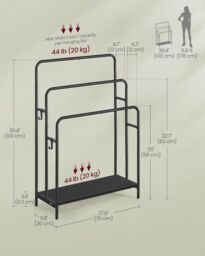 SONGMICS Large 3-Bar Freestanding Towel Rack 2 Hooks Storage Shelf in Black - thumbnail 2