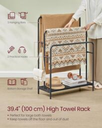 SONGMICS Large 3-Bar Freestanding Towel Rack 2 Hooks Storage Shelf in Black - thumbnail 3