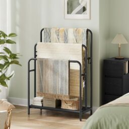 SONGMICS Large 3-Bar Freestanding Towel Rack 2 Hooks Storage Shelf in Black