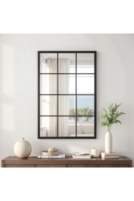 Living and Home Classic Rectangular Black Metal Grid Window Mirror, 60cm W x 90cm H - Size: 60 cm W x 90 cm H - image 1