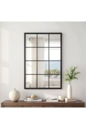 Living and Home Classic Rectangular Black Metal Grid Window Mirror, 60cm W x 90cm H - Size: 60 cm W x 90 cm H
