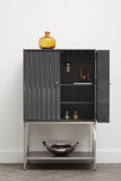 Orsina Grey Hi‑Gloss Cabinet, Round‑Door 2‑Door Storage Unit with 3 Internal Shelves, Polished Stainless Steel - thumbnail 3