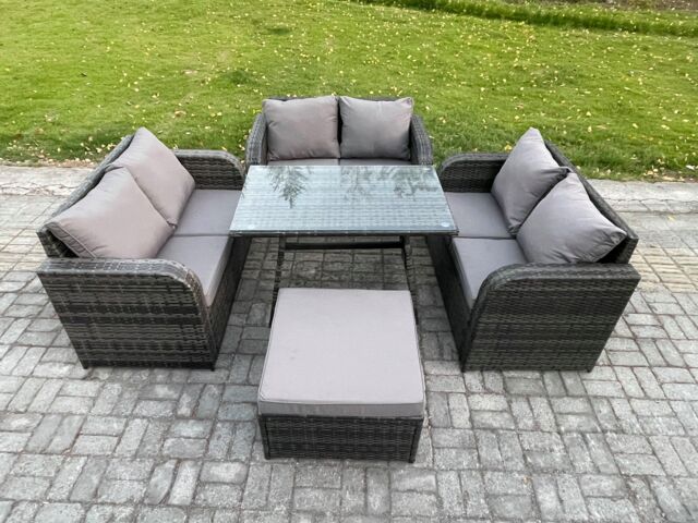 Fimous Rattan Garden Furniture Set 7 Seater Patio Outdoor Love Sofa Set with Rectangular Dining Table Big Footstool Dark Grey Mixed - image 1