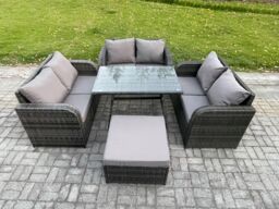 Fimous Rattan Garden Furniture Set 7 Seater Patio Outdoor Love Sofa Set with Rectangular Dining Table Big Footstool Dark Grey Mixed - thumbnail 1