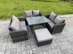 Fimous Rattan Garden Furniture Set 7 Seater Patio Outdoor Love Sofa Set with Rectangular Dining Table Big Footstool Dark Grey Mixed - thumbnail 2