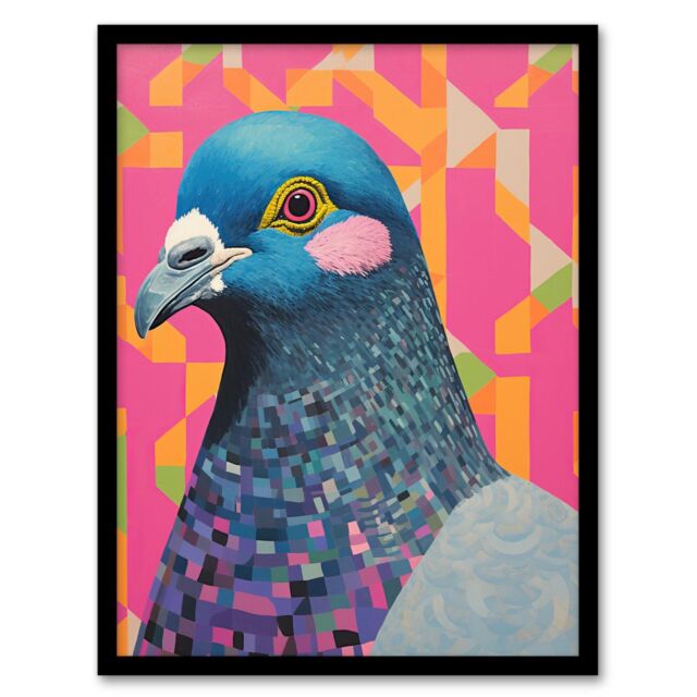 "Wee Blue Coo Wall Art Print Perky Pigeon Oil Painting Pink Orange Blue Vibrant Animal Portrait Art Framed - Size: W12"" x H16""" - image 1