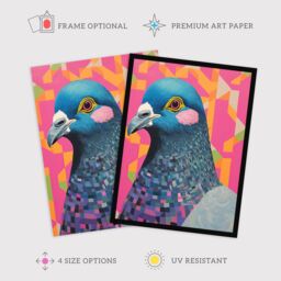 "Wee Blue Coo Wall Art Print Perky Pigeon Oil Painting Pink Orange Blue Vibrant Animal Portrait Art Framed - Size: W12"" x H16""" - thumbnail 2