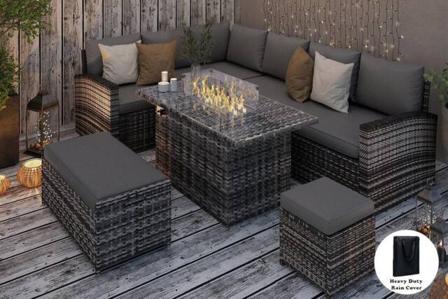 Furniture Maxi Rosen 9 Seater Rattan Garden Furniture Corner Sofa Set With Fire pit Dining Table & Storage Box in Grey - image 1