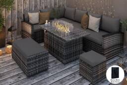 Furniture Maxi Rosen 9 Seater Rattan Garden Furniture Corner Sofa Set With Fire pit Dining Table & Storage Box in Grey - thumbnail 1
