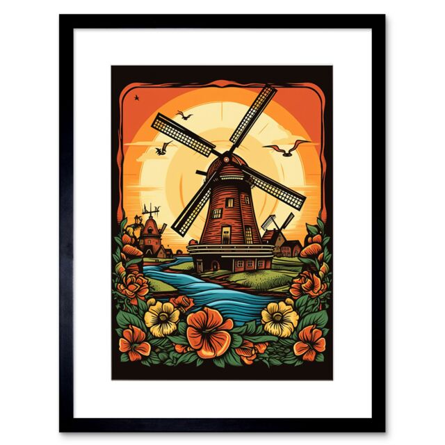 "Artery8 Wall Art Print Sunrise Landscape Dutch Windmills & Flowers Rockabilly Americana 50s Artwork Framed 9X7 Inch in Black - Size: W7"" x H9""" - image 1