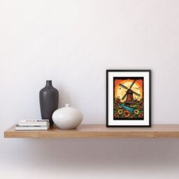 "Artery8 Wall Art Print Sunrise Landscape Dutch Windmills & Flowers Rockabilly Americana 50s Artwork Framed 9X7 Inch in Black - Size: W7"" x H9""" - thumbnail 2