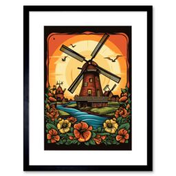 "Artery8 Wall Art Print Sunrise Landscape Dutch Windmills & Flowers Rockabilly Americana 50s Artwork Framed 9X7 Inch in Black - Size: W7"" x H9""" - thumbnail 1
