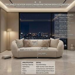 HOME LUXE INTERIOR Milano 3-Seater Cream Bouclé Sofa - Modern Curved Design with Pillows - thumbnail 8