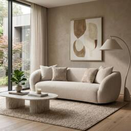 HOME LUXE INTERIOR Milano 3-Seater Cream Bouclé Sofa - Modern Curved Design with Pillows - thumbnail 6