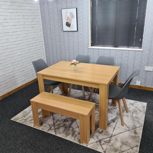 Dining Table Set for 6 with 4 Grey Chairs Dining Room and and Oak effect Benche - image 1