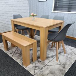 Dining Table Set for 6 with 4 Grey Chairs Dining Room and and Oak effect Benche - thumbnail 3