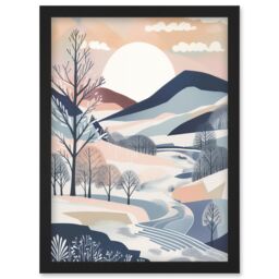 Artery8 Countryside Path in Boho Hill Winter Landscape Artwork Framed Wall Art Print A4 in Black - thumbnail 1