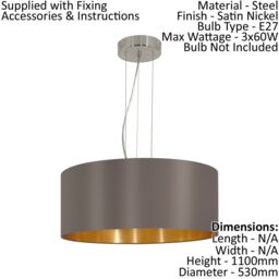 Loops Pendant Light Colour Satin Nickel Shade Cappuccino Gold Fabric Bulb E27 3x60W in Metallics - thumbnail 2