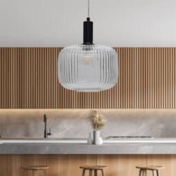 First Choice Lighting Batley Large - Clear Ribbed Glass Black Deco Pendant Fitting - thumbnail 3