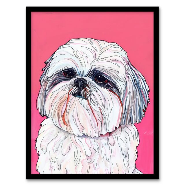 Artery8 Adorable Shih Tzu Dog Lover Vibrant Pink Portrait Framed Wall Art - Size: A4 - image 1
