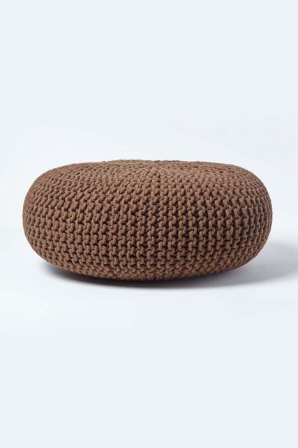 Homescapes Large Round Cotton Knitted Pouffe Footstool in Chocolate - image 1