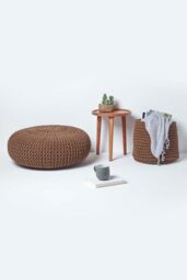 Homescapes Large Round Cotton Knitted Pouffe Footstool in Chocolate - thumbnail 6