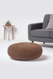 Homescapes Large Round Cotton Knitted Pouffe Footstool in Chocolate - thumbnail 2