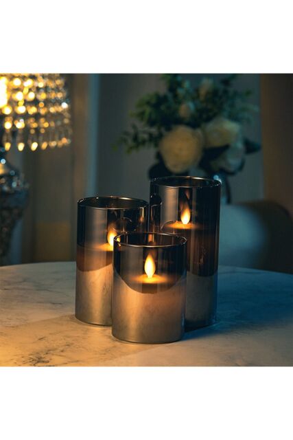 Living and Home 3Pcs Smoke Grey Glass Flameless LED Candles Realistic Swaying Flame Pillar Candles w/ Remote Control & Timer for Wedding Christmas - image 1