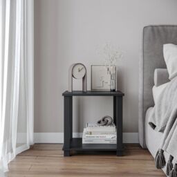 EONLION 2 Tier S-Tube End Table Black Wood Bedside Nightstand With Storage Shelf - thumbnail 4