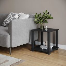 EONLION 2 Tier S-Tube End Table Black Wood Bedside Nightstand With Storage Shelf - thumbnail 3