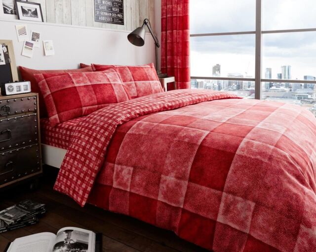 Smart Living Printed Polycotton Denim Check Duvet Cover With Pillowcases in Red - Size: Single - image 1