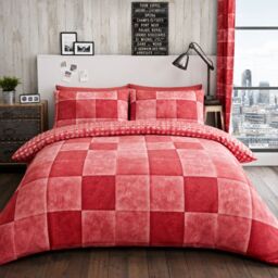 Smart Living Printed Polycotton Denim Check Duvet Cover With Pillowcases in Red - Size: Single - thumbnail 2