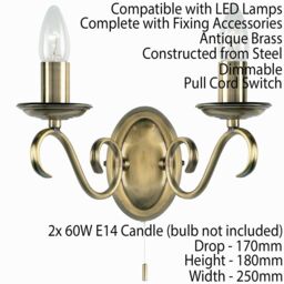 Loops Dimmable LED Twin Wall Light Antique Brass Vintage 2x Bulb Lounge Lamp Lighting in Metallics - thumbnail 2