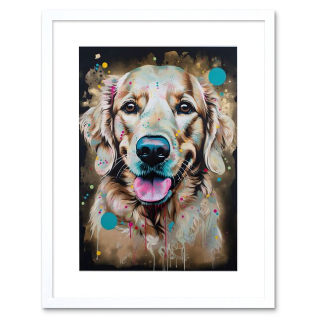 "Artery8 Wall Art Print Happy Smiling Golden Retriever Dog Portrait Artwork Framed 9X7 Inch in White - Size: W7"" x H9""" - image 1