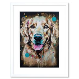 "Artery8 Wall Art Print Happy Smiling Golden Retriever Dog Portrait Artwork Framed 9X7 Inch in White - Size: W7"" x H9""" - thumbnail 1