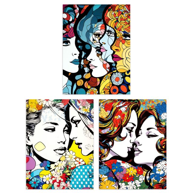 "Artery8 Wall Art Print Set of 3 LGBTQ+ Love Vibrant Pop Art Paintings Lesbian Couple Floral Portraits Living Room Poster s Pack - Size: W12"" x H16""" - image 1