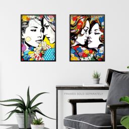 "Artery8 Wall Art Print Set of 3 LGBTQ+ Love Vibrant Pop Art Paintings Lesbian Couple Floral Portraits Living Room Poster s Pack - Size: W12"" x H16""" - thumbnail 6