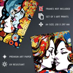 "Artery8 Wall Art Print Set of 3 LGBTQ+ Love Vibrant Pop Art Paintings Lesbian Couple Floral Portraits Living Room Poster s Pack - Size: W12"" x H16""" - thumbnail 4