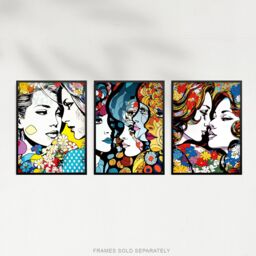 "Artery8 Wall Art Print Set of 3 LGBTQ+ Love Vibrant Pop Art Paintings Lesbian Couple Floral Portraits Living Room Poster s Pack - Size: W12"" x H16""" - thumbnail 5