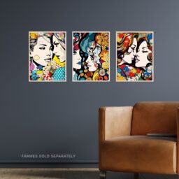"Artery8 Wall Art Print Set of 3 LGBTQ+ Love Vibrant Pop Art Paintings Lesbian Couple Floral Portraits Living Room Poster s Pack - Size: W12"" x H16""" - thumbnail 2