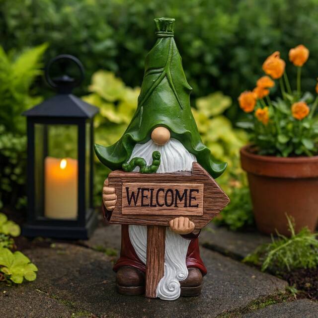 Voltico Welcome Gnome Garden Ornament 31cm Decorative Statue in Dark Green - image 1