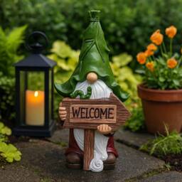 Voltico Welcome Gnome Garden Ornament 31cm Decorative Statue in Dark Green - thumbnail 1